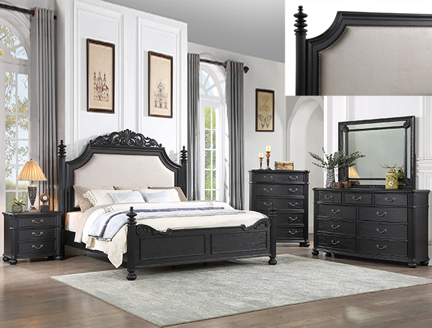 Crown Mark SETB1130 Kingsbury 7-piece queen bedroom group with black wood bed, dresser, mirror, chest, and nightstands
