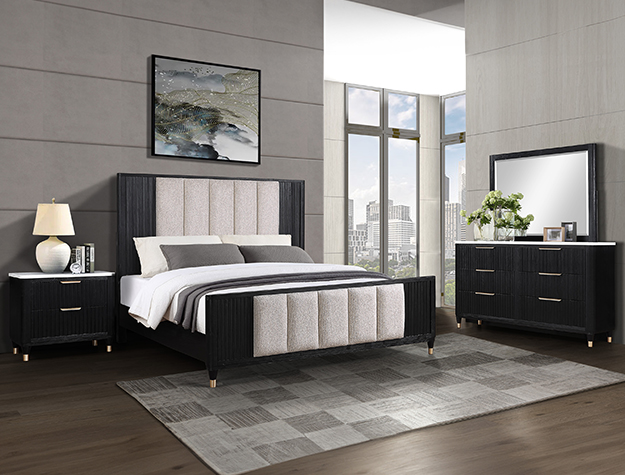 Crown Mark SETB1400 Kara 7-piece bedroom group with upholstered bed, dresser, mirror, chest, and nightstand in black wood finish