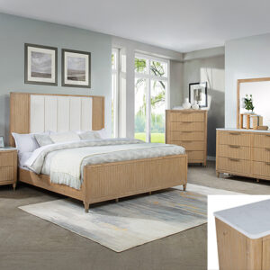 Kara 7-piece queen /king bedroom set in cerused natural finish with upholstered headboard, dresser, mirror, chest, and nightstand.