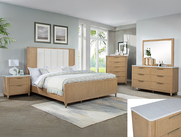 Kara 7-piece queen /king bedroom set in cerused natural finish with upholstered headboard, dresser, mirror, chest, and nightstand.