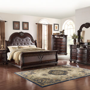 Stanley 7-piece queen/king bedroom set with tufted upholstered headboard, dresser, mirror, chest, and nightstand in a rich dark wood finish.