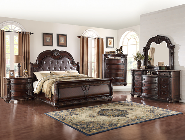 Stanley 7-piece queen/king bedroom set with tufted upholstered headboard, dresser, mirror, chest, and nightstand in a rich dark wood finish.