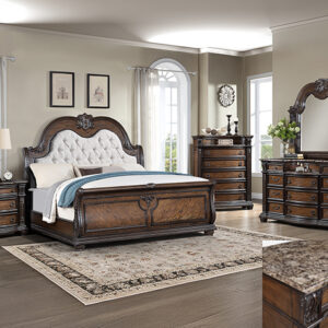 Stanley 7-piece queen/king bedroom set with tufted upholstered headboard, dresser, mirror, chest, and nightstand in a warm brown wood finish.