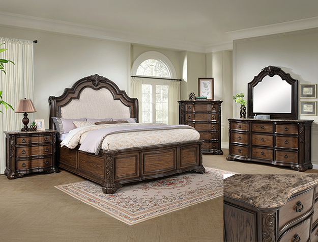 Ludwig 7-piece queen/king bedroom set with upholstered headboard, dresser, mirror, chest, and nightstand in a rich dark wood finish.