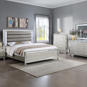 Cristian 7-piece queen/king bedroom set with upholstered headboard, dresser, mirror, chest, and nightstand in a light metallic silver finish.