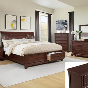 Claribelle 7-piece queen/king bedroom set with storage king bed, dresser, mirror, chest, and nightstand in a rich cherry wood finish.