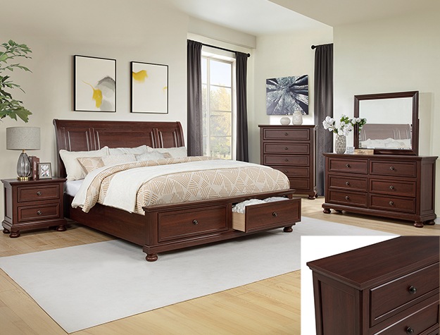 Claribelle 7-piece queen/king bedroom set with storage king bed, dresser, mirror, chest, and nightstand in a rich cherry wood finish.