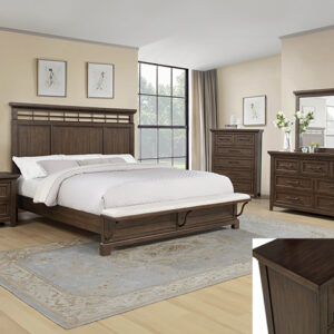 Rustic 7-piece queen / king bedroom set with panel headboard, dresser, mirror, chest, and nightstand in a dark brown wood finish.