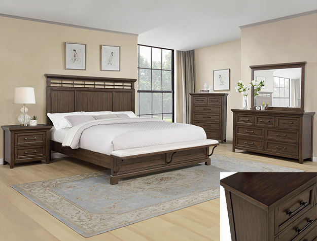 Rustic 7-piece queen / king bedroom set with panel headboard, dresser, mirror, chest, and nightstand in a dark brown wood finish.