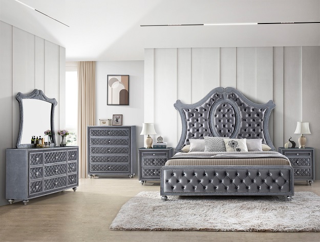 Cameo 7-piece queen/king bedroom set with tufted panel bed, dresser, mirror, chest, and nightstand in a gray metallic finish.