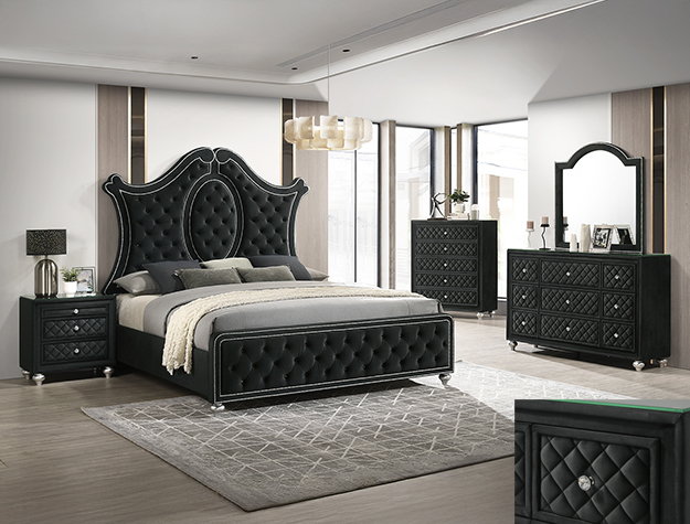 Cameo black 7-piece QUEEN / king bedroom set with tufted panel bed, dresser, mirror, chest, and nightstand in a black finish with glam accents.