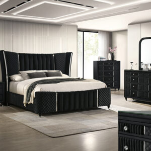 Armany 7-piece QUEEN/king bedroom set with upholstered wingback headboard, dresser, mirror, chest, and nightstand in a black finish with modern glam accents.