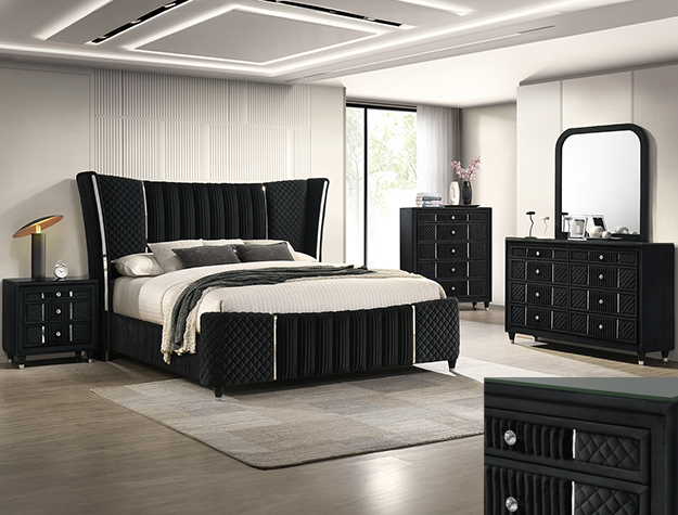 Armany 7-piece QUEEN/king bedroom set with upholstered wingback headboard, dresser, mirror, chest, and nightstand in a black finish with modern glam accents.