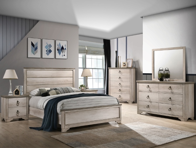 Patterson 7-piece king/queen/full bedroom set with panel headboard, dresser, mirror, chest, and nightstand in a light weathered wood finish.