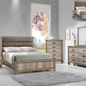 Matteo 7-piece bedroom set with panel bed, dresser, mirror, chest, and nightstand in a light gray wood finish.