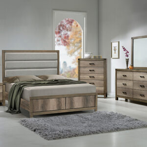 Matteo 7-piece bedroom set with upholstered headboard bed, dresser, mirror, chest, and nightstand in a light gray wood finish.