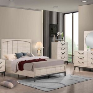 Veda 7-piece bedroom set with panel bed, dresser, mirror, chest, and nightstand in a light whitewash finish with dark metal legs.
