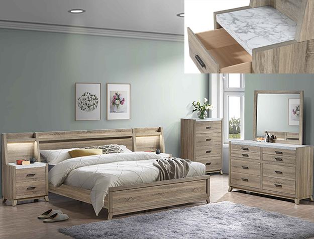 Tilston 7-piece bedroom set with panel bed, dresser, mirror, chest, and nightstand in a light oak finish with built-in lighting accents.