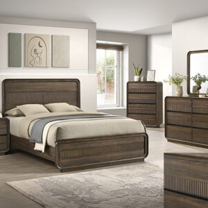 Kinkaid 7-piece bedroom set with panel bed, dresser, mirror, chest, and nightstand in a dark brown finish with modern ribbed detailing.
