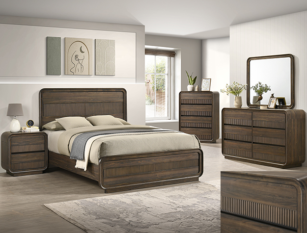 Kinkaid 7-piece bedroom set with panel bed, dresser, mirror, chest, and nightstand in a dark brown finish with modern ribbed detailing.