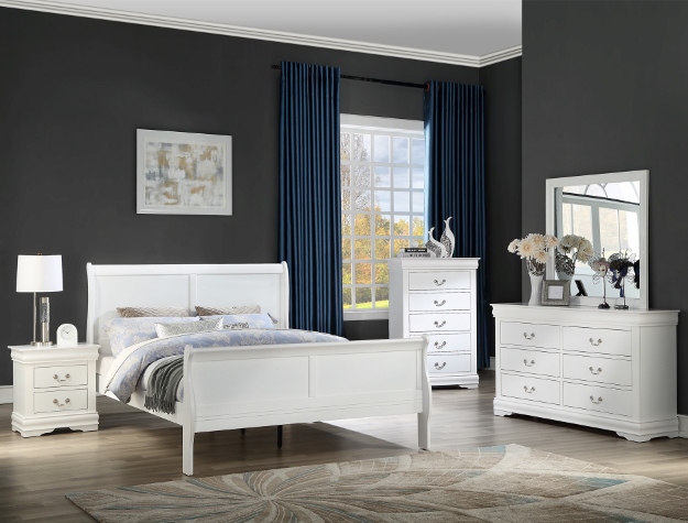 Louis Philip white 7-piece bedroom set with sleigh bed, dresser, mirror, chest, and nightstand in a classic white finish.