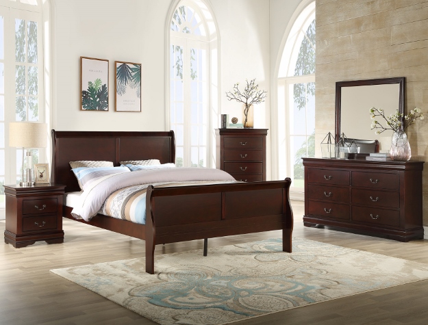 Louis Philip cherry 7-piece bedroom set with sleigh bed, dresser, mirror, chest, and nightstand in a rich cherry wood finish.