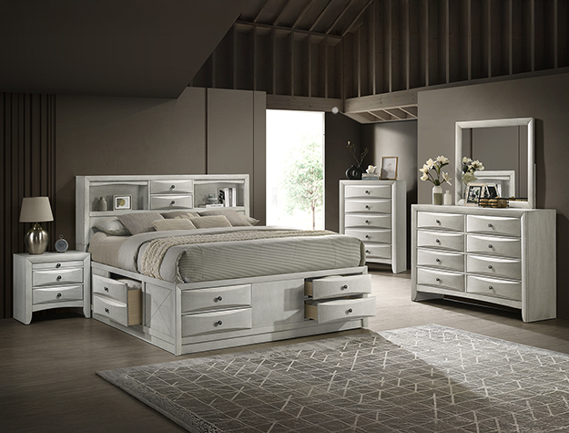 Emily storage 7-piece bedroom set with storage bed, dresser, mirror, chest, and nightstand in a white finish with built-in drawers.