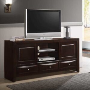 Dark cherry TV stand with cabinets, drawers, and open media shelving