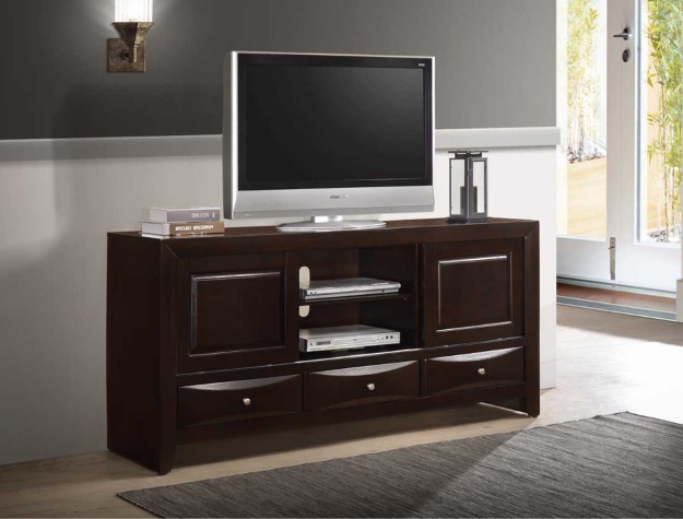 Dark cherry TV stand with cabinets, drawers, and open media shelving