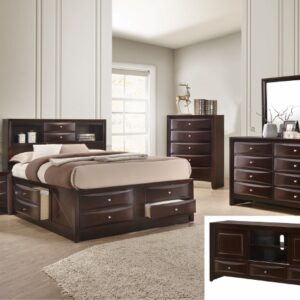 Emily storage dark cherry 7-piece bedroom set with storage bed, dresser, mirror, chest, and nightstand in a dark cherry wood finish with built-in drawers.