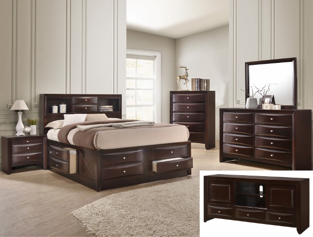 Emily storage dark cherry 7-piece bedroom set with storage bed, dresser, mirror, chest, and nightstand in a dark cherry wood finish with built-in drawers.