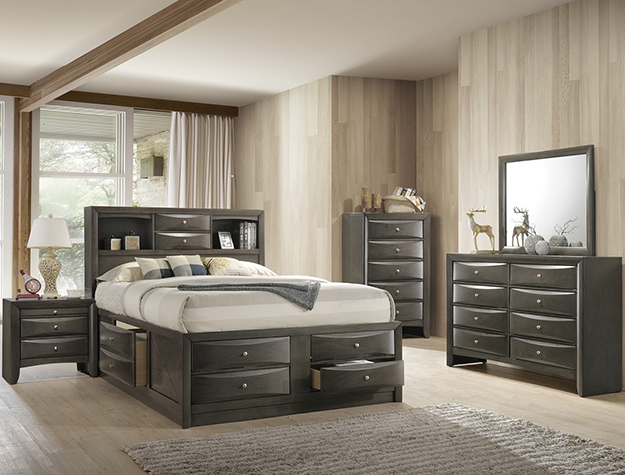 Emily storage grey 7-piece bedroom set with storage bed, dresser, mirror, chest, and nightstand in a gray finish with built-in drawers.