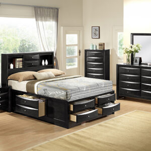 Emily black storage 7-piece bedroom set with storage bed, dresser, mirror, chest, and nightstand in a black finish with built-in drawers.