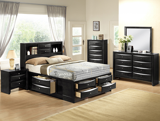 Emily black storage 7-piece bedroom set with storage bed, dresser, mirror, chest, and nightstand in a black finish with built-in drawers.