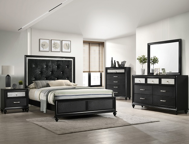 Lila black 7-piece bedroom set with tufted upholstered bed, dresser, mirror, chest, and nightstand in a black finish with glam silver accents.
