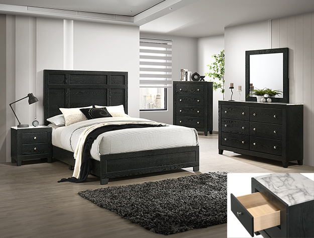 Cadence 7-piece bedroom set with panel bed, dresser, mirror, chest, and nightstand in a black wood finish with modern drawer detailing.