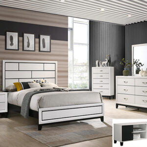 Akerson chalk 7-piece bedroom set with panel bed, dresser, mirror, chest, and nightstand in a white chalk finish with black accent legs.