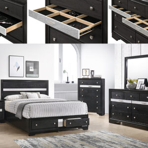 Regata 7-piece bedroom set with storage bed, dresser, mirror, chest, and nightstand in a black wood finish with silver accent drawers.