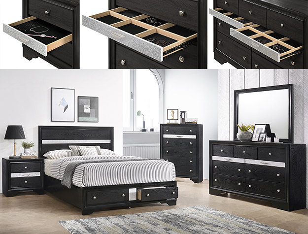 Regata 7-piece bedroom set with storage bed, dresser, mirror, chest, and nightstand in a black wood finish with silver accent drawers.