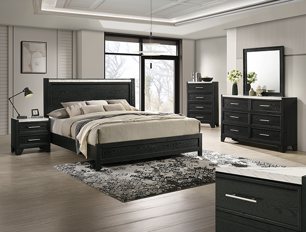 Lamar 7-piece bedroom set with panel bed, dresser, mirror, chest, and nightstand in a black wood finish with modern drawer accents.