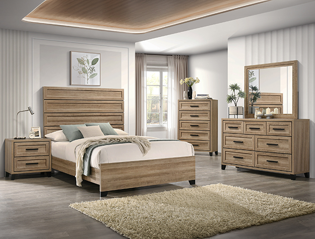 Jameson 7-piece bedroom set with panel bed, dresser, mirror, chest, and nightstand in a light oak wood finish with modern black hardware.