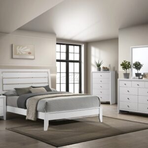 Evan white 7-piece bedroom set with panel bed, dresser, mirror, chest, and nightstand in a bright white finish with modern clean lines.