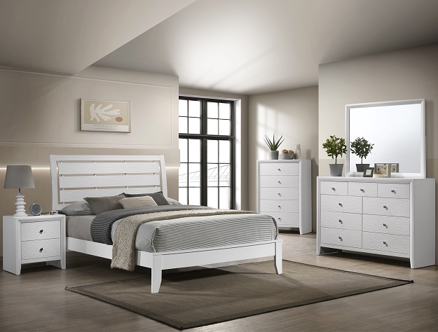 Evan white 7-piece bedroom set with panel bed, dresser, mirror, chest, and nightstand in a bright white finish with modern clean lines.