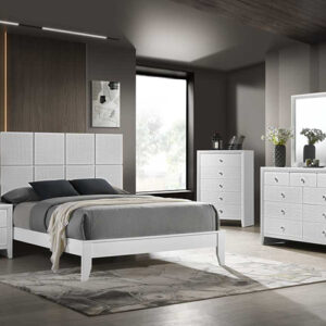 Denker Evan white 7-piece bedroom set with upholstered panel bed, dresser, mirror, chest, and nightstand in a bright white finish with modern design.