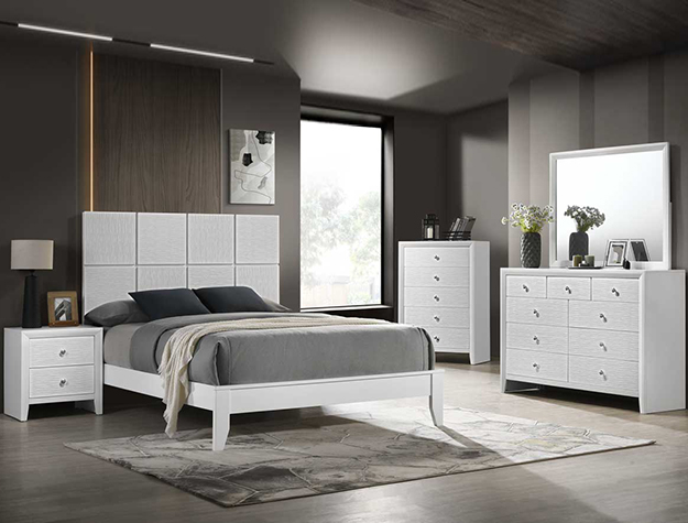 Denker Evan white 7-piece bedroom set with upholstered panel bed, dresser, mirror, chest, and nightstand in a bright white finish with modern design.