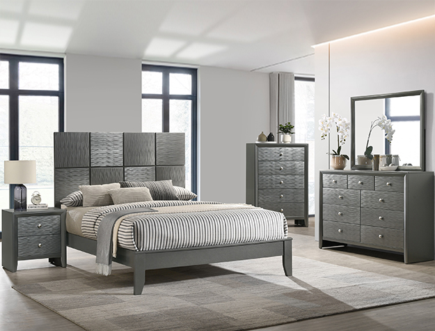 Denker gunmetal 7-piece bedroom set with modern panel bed, dresser, mirror, chest, and nightstand in a gunmetal gray finish with textured accents.