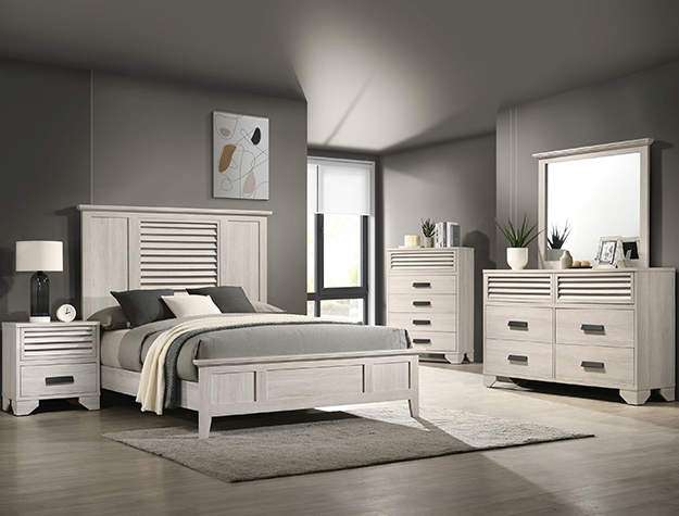 Sarter white 7-piece bedroom set with panel bed, dresser, mirror, chest, and nightstand in a whitewashed finish with louvered accents.