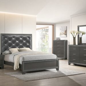 Kaia 7-piece bedroom set with tufted upholstered bed, dresser, mirror, chest, and nightstand in a gray finish with glam sparkling accents.