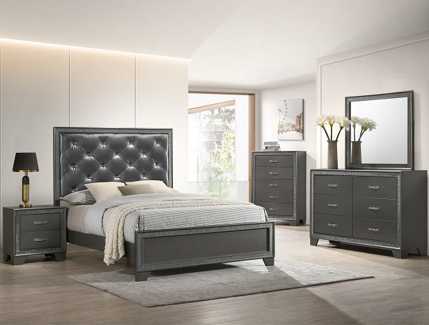 Kaia 7-piece bedroom set with tufted upholstered bed, dresser, mirror, chest, and nightstand in a gray finish with glam sparkling accents.