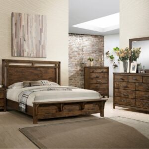 Curtis 7-piece bedroom set with panel bed, dresser, mirror, chest, and nightstand in a rustic brown wood finish with farmhouse styling.